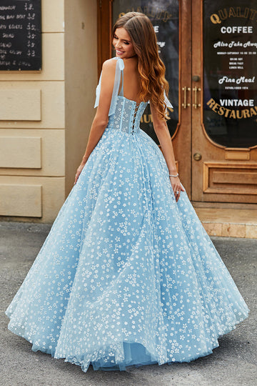 Spaghetti Straps Azzurro Cielo A-Line Corsetto Prom Dress con Fiori